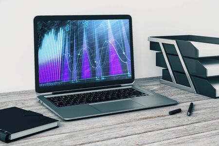 Laptop closeup with forex graph on computer screen. Financial trading and education concept. 3d rendering.の写真素材