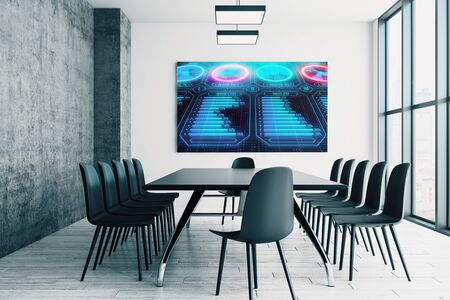 Conference room interior with business theme screen on the wall. brainstorm concept. 3d rendering.の写真素材