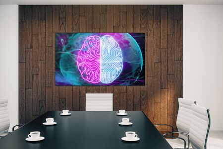 Conference room interior with human brain drawing on screen on the wall. Brainstorm concept. 3d rendering.の写真素材