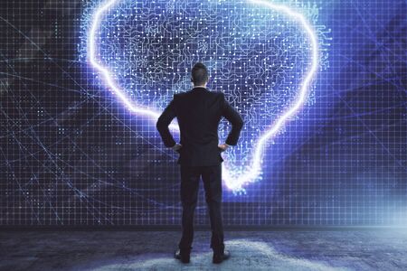 Man and brain icon hologram. Double exposure. Concept of data developmentの写真素材