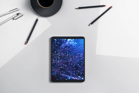 Digital tablet closeup top view with tech pic on screen. Online technology concept. 3d rendering.の写真素材