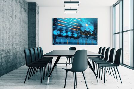 Conference room interior with business theme screen on the wall. brainstorm concept. 3d rendering.の写真素材