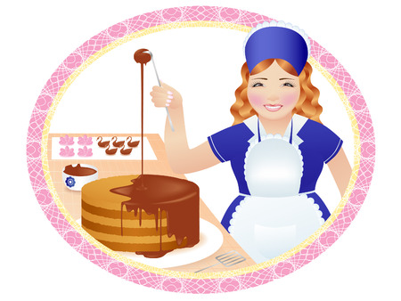 Pretty smiling woman pastry-cook making a cake のイラスト素材