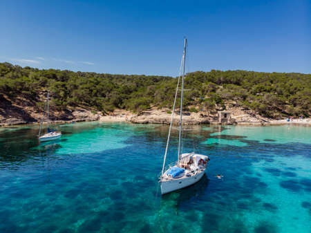 sailboat at anchor, Cala Portals Vells, Calvia, Mallorca, Balearic Islands, Spainのeditorial素材