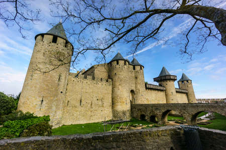 Walled citadel of Carcassonne, declared in 1997 a World Heritage Site by Unesco, capital of the Aude department, Languedoc-Roussillon region, France, Europeのeditorial素材