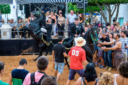 Jaleo, traditional dance with horses, originating from the 14th century, fiestas of Sant LluÃ­s, Menorca, balearic islands, Spainのeditorial素材