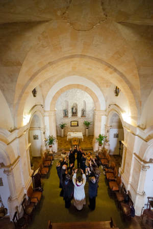 celebration of Christian mass in the hermitage of Sant Honorat, Puig de Randa, municipality of Algaida, Mallorca, Balearic Islands, Spainのeditorial素材