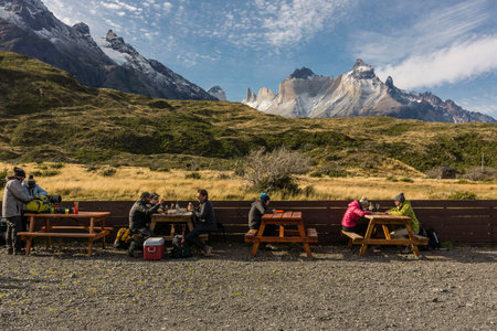 Cuernos del Paine, Paine Grande refuge, trekking W, Torres del Paine National Park, National System of Protected Wild Areas of the State of Chile, Patagonia, Republic of Chile, South Americaのeditorial素材