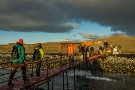 Tourist excursion to the Magellanic penguin colony, -Spheniscus magellanicus-, Magdalena Island, Strait of Magellan, Patagonia, Republic of Chile, South Americaのeditorial素材