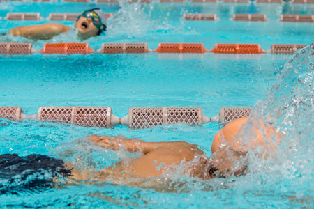 children's swimming competition, SÂ´Arenal pools, Llucmajor, Mallorca, balearic islands, spain, europeのeditorial素材