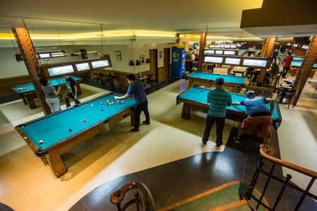 Billiard room and table, Los 36 Billares, traditional bar opened in 1897, Avenida de Mayo, Buenos Aires, Argentine Republic, Southern Cone, South Americaのeditorial素材