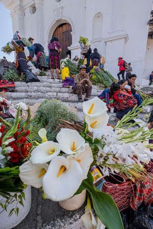 flower market in front of the Iglesia de Santo TomÃ¡s, Chichicastenango, QuichÃ©, Guatemala, Central Americaのeditorial素材
