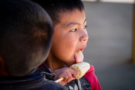 little boy eating frozen corn, elementary school, PatzojÃ³n Chiquito, Quiche, Guatemala, Central Americaのeditorial素材