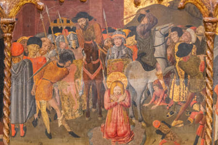 laceration and death, predella of Santa Margarita, Joan Rosat, year 1456, tempera on panel, church of the monastery of Santa Margalida, Palma, Mallorca, Balearic Islands, Spainのeditorial素材
