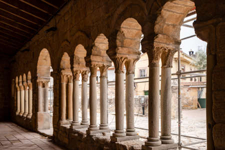 arcaded gallery with semicircular arches, Church of Our Lady of the Assumption, thirteenth century, SaÃºca, Guadalajara, Spainのeditorial素材