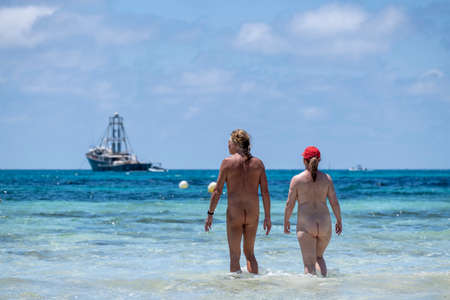 nudist couple bathing, Es Trenc beach, Campos municipality, Mallorca, Balearic Islands, Spainのeditorial素材