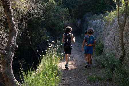 hikers ascending to Puig de Cura, Randa, Algaida, Mallorca, Balearic Islands, Spainの写真素材