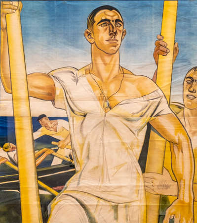 San SebastiÃ¡n, regattas for rowing boats, color lithograph on paper, Aurelio Arteta, 1930, Museo de Bellas Artes, Bilbao, Spainのeditorial素材