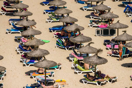 Cala MarÃ§al, umbrellas, .Mallorca.Islas Baleares. Spain.の写真素材
