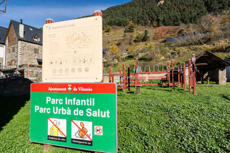 children's and urban park, Vilamos, Aran valley, Catlunya, Pyrenees mountain range, Spain, europeの写真素材