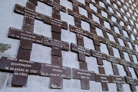 crosses that indicate the names and dates on which local people died, victims of the internal armed conflict, San Juan Cotzal, QuichÃ© department, Ixil Triangle, Guatemala, Central Americaのeditorial素材