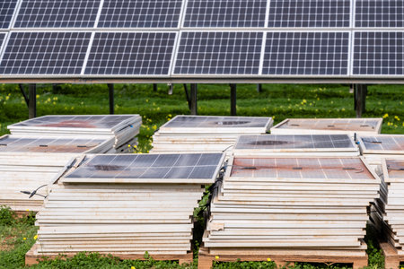 Sa Caseta Parc Fotovoltaic, broken solar energy plates, Llucmajor, Mallorca, Balearic Islands, Spainの写真素材