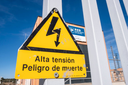 warning of high voltage with danger of death, Cala Blava substation, electrical network of Spain, Llucmajor, Mallorca, Balearic Islands, Spainのeditorial素材