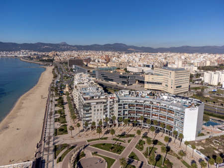 apartment building on the seafront, Es Molinar, Palma, Mallorca, Spainのeditorial素材