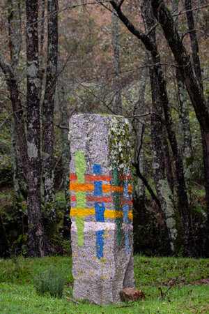 Ecospace O Rexo, pictorial and sculptural intervention by the artist AgustÃ­n Ibarrola on a natural space, Allariz, Ourense, Galicia, Spainの写真素材