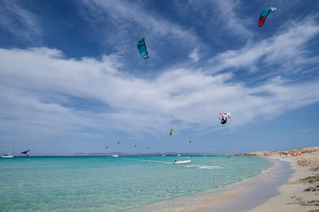 kitesurfing on Illete beachFormentera, Pitiusas Islands, Balearic Community, Spain