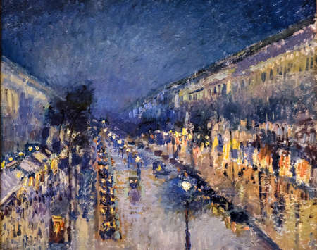 Boulevard Montmartre at Night, Camille Pissarro, 1897, oil on canvas, National Gallery, London, England, Great Britainのeditorial素材