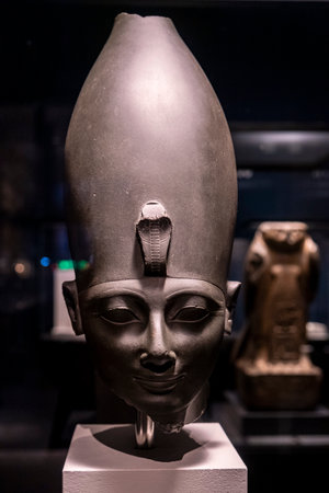 head of pharaoh Tuthmosis III, green siltstone, 18th dynasty, reign of Tuthmosis III, 1479-1425 BC, Karnak, Thebes, Egypt, collection of the British Museumのeditorial素材