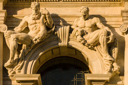 sculptures on the facade of the new palace, Biblioteca Civica Angelo Mai , plaza Vecchia,upper town,Bergamo,Lombardia,Italy,Europeのeditorial素材