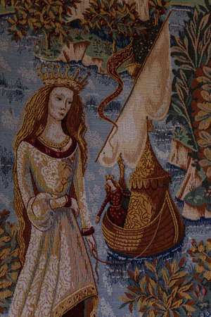 tapestry depicting a medieval scene,musicians room-chapel, Puivert castle, 14th century, Cathar castle located in the village of Puivert, in the Aude department, Languedoc-Roussillon, Pyrenees Orientales, France, Europeのeditorial素材