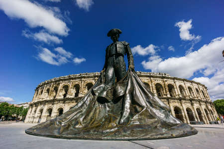 sculpture by Christian Montcouquiol better known for NimeÃ±o II, work of Serena Carone, Arena of Nimes, Nimes, capital of the Gard department, France, Europeのeditorial素材