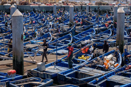 classic Moroccan fishing boats, fishing port, Essaouira, morocco, africaの写真素材