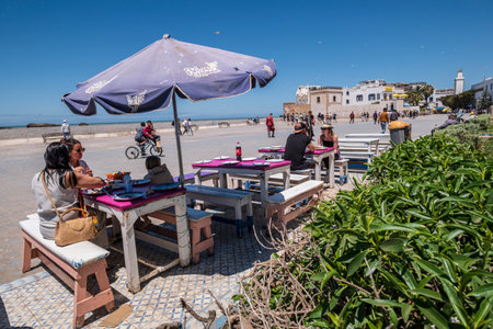 outdoor fish of the day restaurant, fishing port, Essaouira, morocco, africaの写真素材