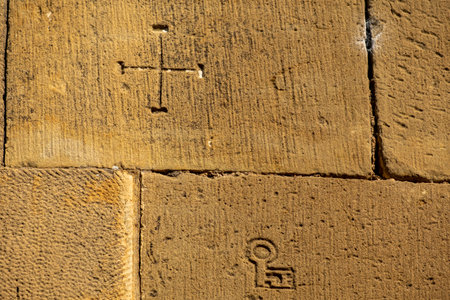 stonemason's signature, Church of Santiago de AgÃ¼ero, AgÃ¼ero, Huesca, Spainのeditorial素材