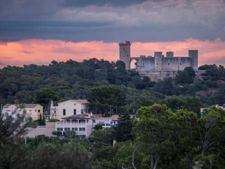 Bellver castle at dawn, seen from the town of Genova, Mallorca, Spainのeditorial素材