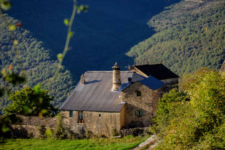 typical house with witches chimney, AsÃ­n de Broto, municipality of Broto, Sobrarbe, Huesca, AragÃ³n, Pyrenees mountain range, Spainの写真素材