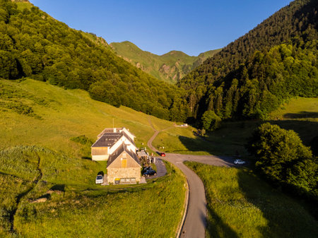 Hospice de France refuge and mountain forest, Freche valley, Luchon, Pyrenean mountain range, Franceのeditorial素材