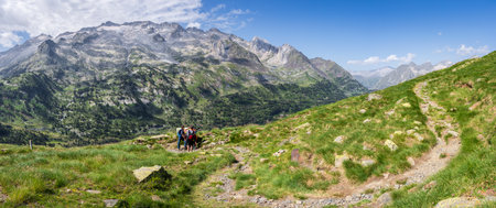 looking at the mountain from the poster interpretation, Benasque Valley, Huesca, Pyrenean mountain range, Spainのeditorial素材