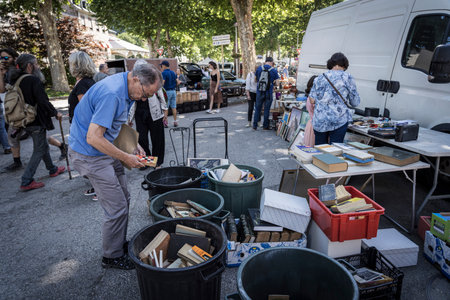 old books, weekly outdoor market, Foix, department of AriÃ¨ge, Occitanie, Pyrenean mountain range,...