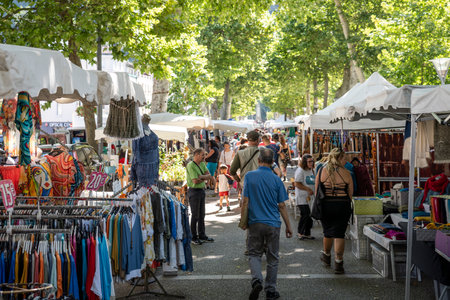 weekly outdoor market, Foix, department of AriÃ¨ge, Occitanie, Pyrenean mountain range, Franceのeditorial素材