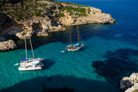 yachts at anchor, Cala Marmols, Ses Salines, mallorca, balearic islands, spain, europe