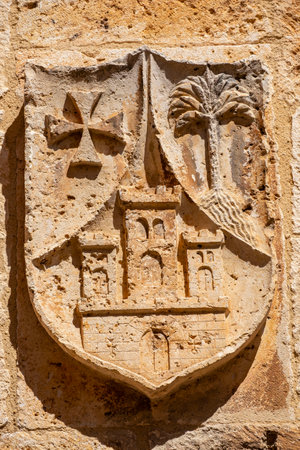 blason on a facade, San Esteban de Gormaz, Soria, Autonomous Community of Castilla, Spain, Europeの写真素材