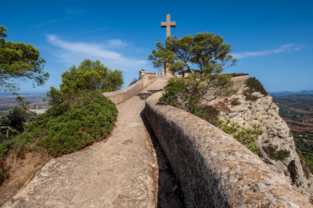 way to picot cross, Sanctuary of the Mare de DÃ©u de Sant Salvador, XIV century., Felanitx, Majorca, Balearic Islands, Spainの写真素材