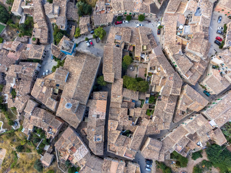 Valldemossa, view from above of the village and the roofs, Majorca, Balearic Islands, Spainの写真素材