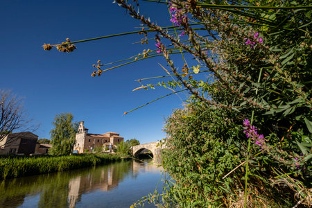 Roman bridge over the Ucero river and Osma castle, El Burgo de Osma, Soria, autonomous community of Castilla y LeÃ³n, Spain, Europeのeditorial素材