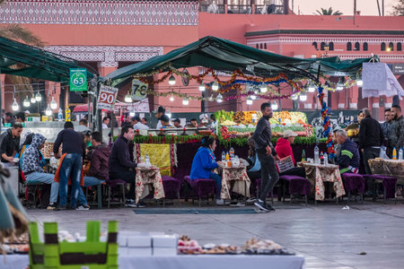 Djemaa el Fna square, typical open-air restaurants, marrakesh, morocco, africaのeditorial素材